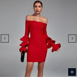 Off Shoulder Long Sleeve Frill Bandage Dress